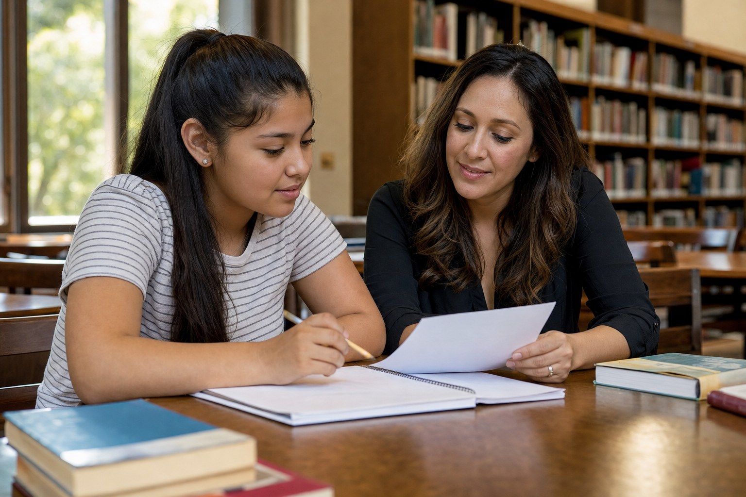 A mentor and young person working on a resume in a library