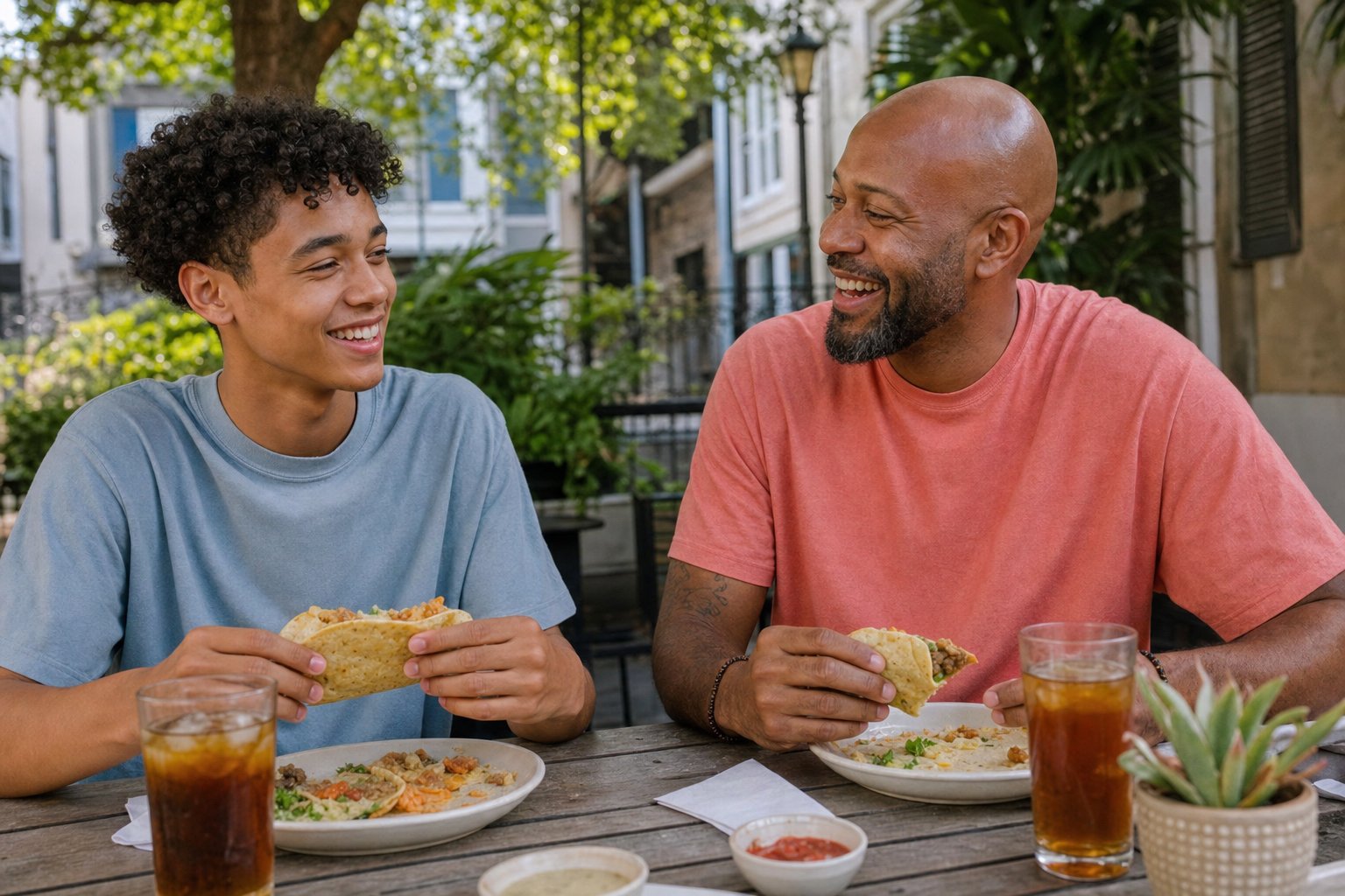 A mentor and teenager eating tacos together at an outdoor table